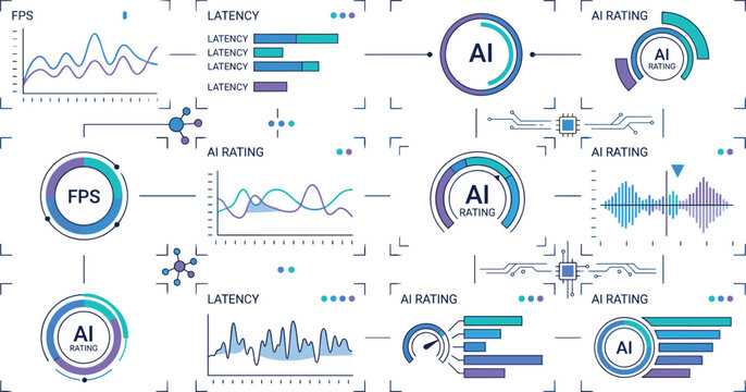 Gaming analytics dashboard vector set featuring AI rating indicators, FPS monitoring charts, and latency tracking interface illustrations