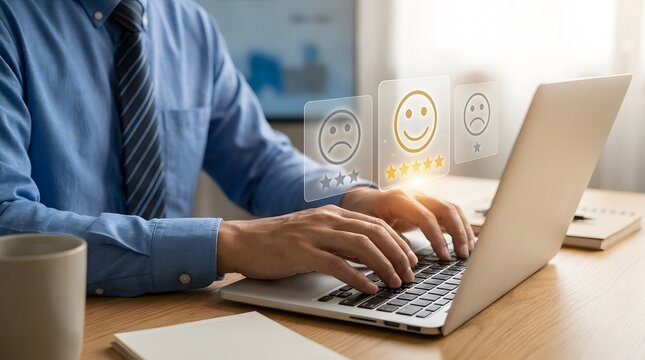 Man giving a five star rating on a laptop