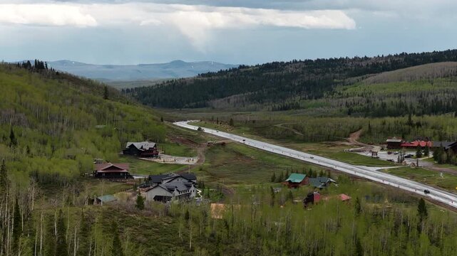 Aerial of luxury mountain homes on Daniels Pass in Uinta National Forest Utah in spring