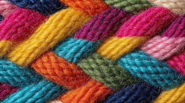 Embrace the stunning vibrant texture of colorful woven yarn, creating an inviting fabric pattern perfect for inspiring craft projects, cozy textile designs, and engaging backgrounds.