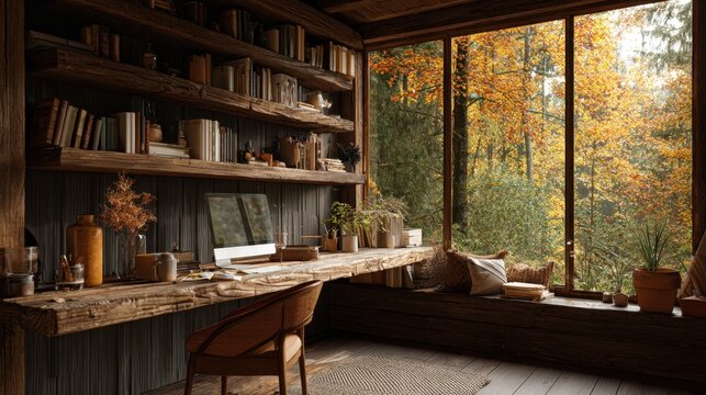 Cozy rustic home office with large window overlooking colorful fall forest scenery