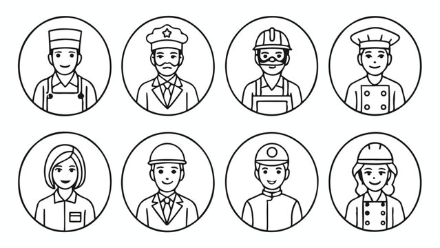 Set of eight diverse professional worker character icons featuring various occupations in a clean line art style for use in business or educational web design projects