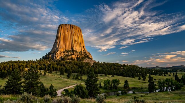 Monolithic Majesty: The Towering Igneous Columns of Devils Tower National Monument Against a Serene Sky