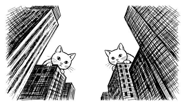 Giant cats peeking over tall city skyscrapers in low angle architectural sketch style