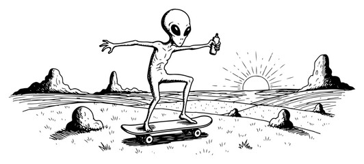 Alien riding skateboard on desert planet surface during sunset in vintage hatching style © Amelia
