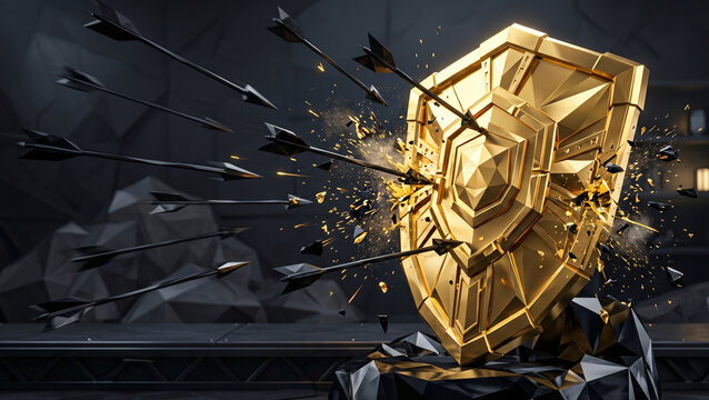 Luxury Low Poly 3D Golden Shield Protecting Figure from Attack