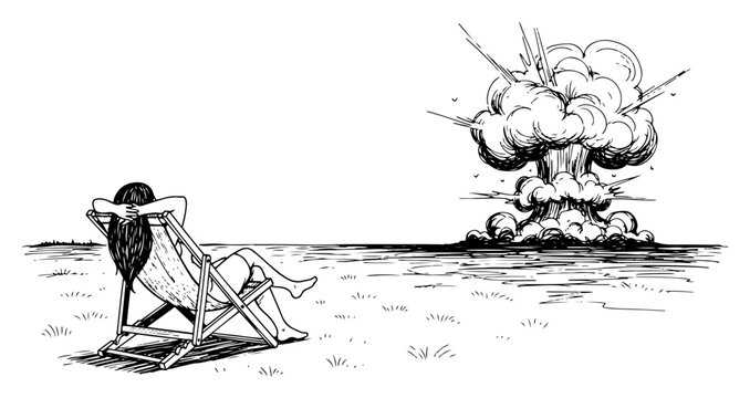Woman relaxing on deck chair watching nuclear explosion mushroom cloud in hand drawn sketch style