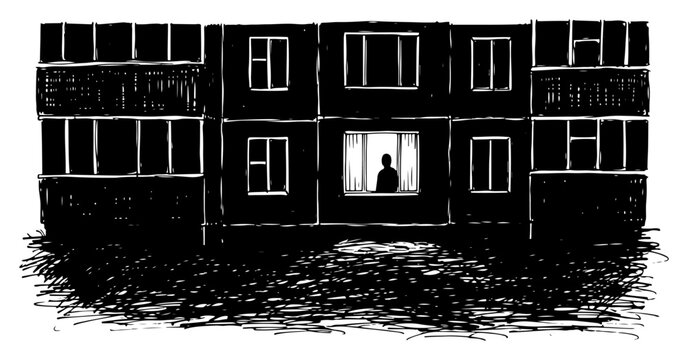 Apartment building at night with single lit window showing silhouette in vintage engraving style