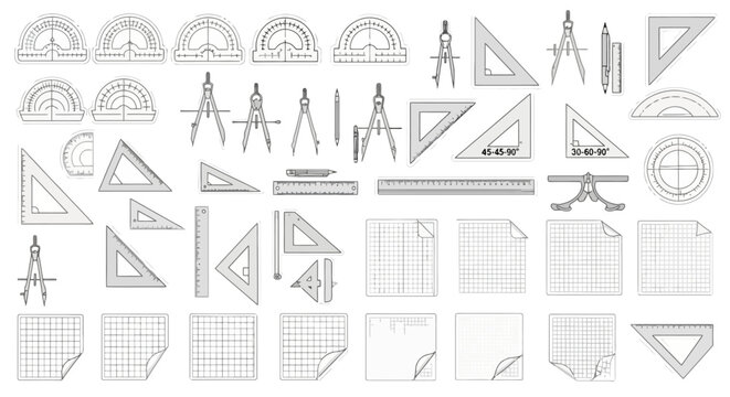 Comprehensive collection of drafting and measurement tools for geometry and technical drawing.