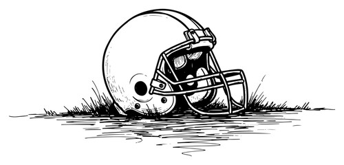 American football helmet resting on grass field in hand drawn vintage style © Amelia