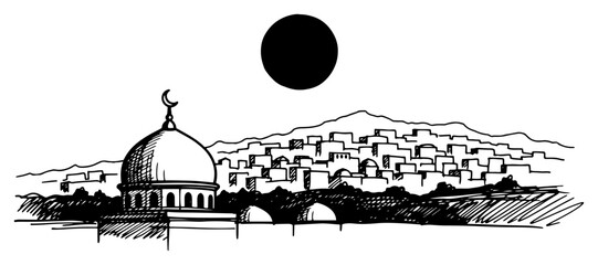 Mosque dome with crescent symbol under a large sun in desert city sketch style © Amelia