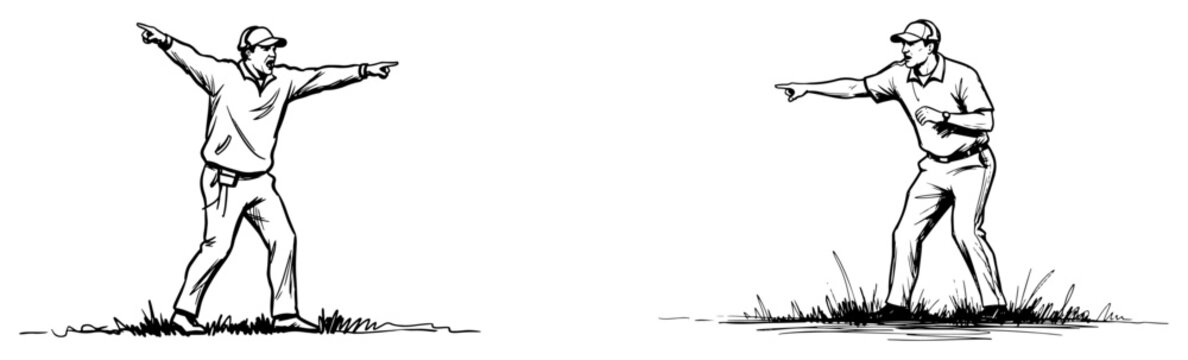 American football coaches gesturing and pointing directions on sidelines in hand drawn sketch style
