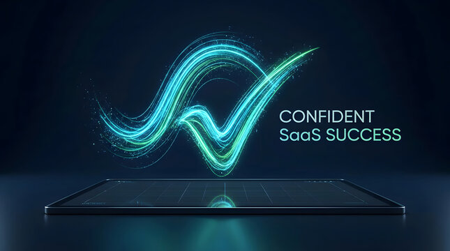 Glowing checkmark above a digital platform represents SaaS success, software validation, service reliability, and online business solution