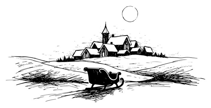 Winter village landscape with wooden sleigh and full moon in hand drawn engraving style