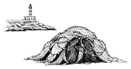 Fishing nets with lighthouse on rocky coastline in vintage hatching style © Amelia