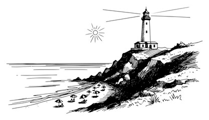 Naklejka premium Lighthouse on a rocky cliff overlooking a sandy beach with umbrellas sketch style