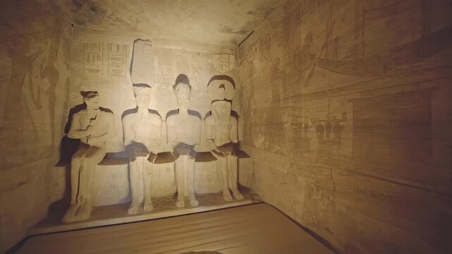 4k Footage of interior Hieroglyphs in Abu SImbel Egypt. four Interior Statues Of Abu Simbel Temple In Egypt.