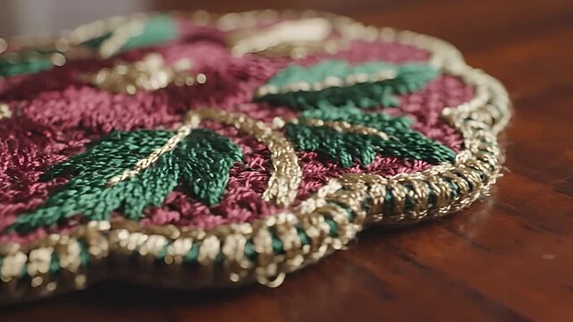 Closeup of a vintage embroidered textile with floral pattern.