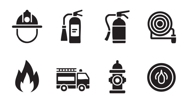 Firefighter equipment icons set including helmet extinguisher hose truck hydrant and flame symbols.
