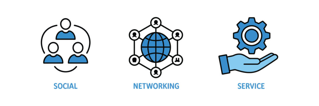 Set of modern blue and black line icons representing social interaction global network connectivity and professional service support for business concepts