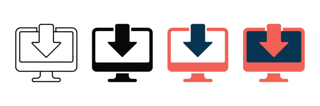 Set of four digital download computer monitor icons featuring minimalist line art and bold flat graphic styles for modern user interface design and web applications