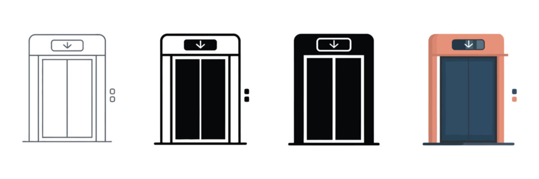 Set of four elevator door icons featuring outline solid and colored flat vector styles for modern building navigation and architectural design interface elements