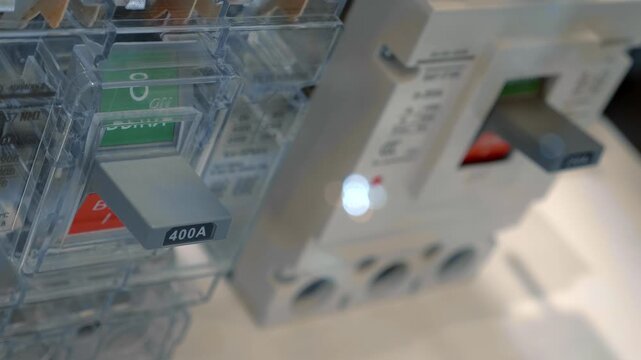 A modern, powerful, high-tech on-off switches with a large knob and overload protection settings. Closeup. Shallow depth of field. Follow focus