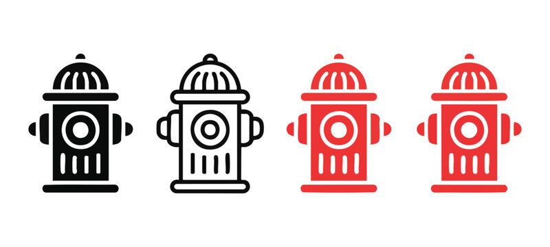 Set of four fire hydrant icons in black and red. vector isolated on transparent background.
