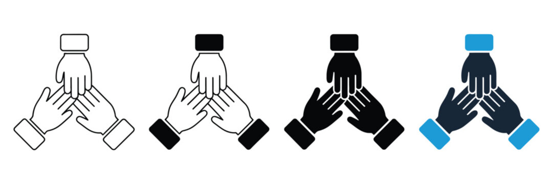 Set of four minimalist teamwork icons featuring three hands stacked together in various styles including outline solid black and blue accent vector designs