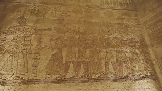 4k footage of Interior view of the famous abu simble temple that is decorated with gods figures and hieroglyphs in aswan in Egypt. 