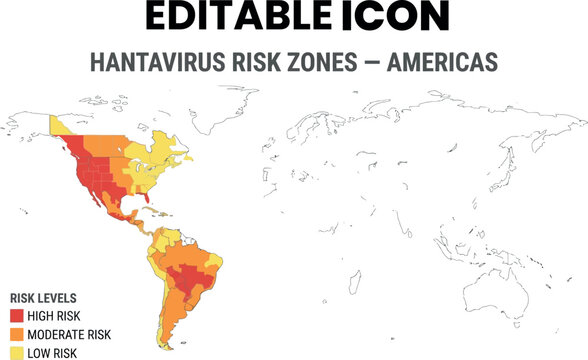 Hantavirus risk zones map of the americas editable vector icon isolated on transparent background