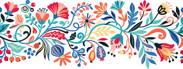 Naklejka premium Colorful folk art floral pattern with leaves and berries, abstract whimsical design with bright colors and swirling vines, decorative border element