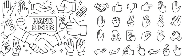 Fototapeta premium Human Hand Gestures. Clean outline banner scene of hand gesture communication: two hands in handshake with oversized pointing hand and thumbs up as main objects, small stop palm, touch finger, open