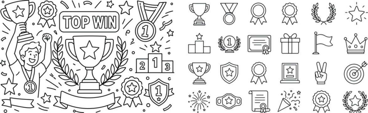 Award Trophy Victory. Clean outline banner scene of winning achievement symbols: champion holding oversized trophy cup and medal, large award cup and laurel wreath as main objects, small ribbon, star,
