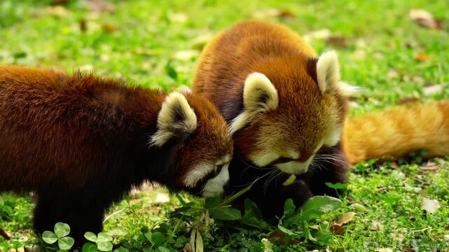 Two red pandas observed together in a zoo enclosure, displaying calm animal behavior and interaction. The footage captures the charming appearance of Ailurus fulgens in a managed habitat environment, 