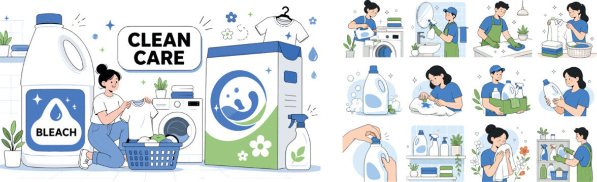 Bleach Cleaning Products. Household cleaning banner with one person doing laundry beside oversized bleach bottle and detergent box stretching to every canvas edge, small spray, shirt, water drops,