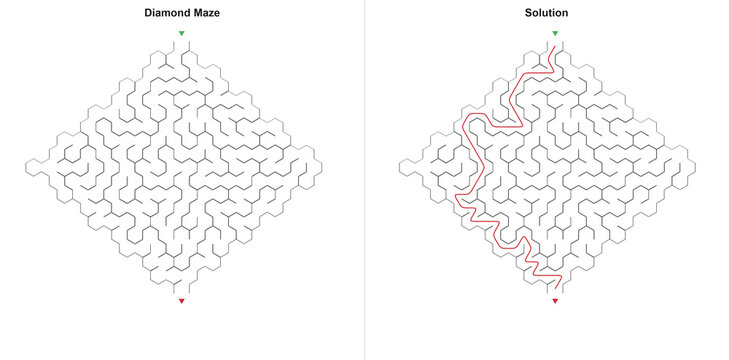 Rhombus honeycomb maze and solved track in simple drawing style, black and white with red colors, mind development game for children learning materials