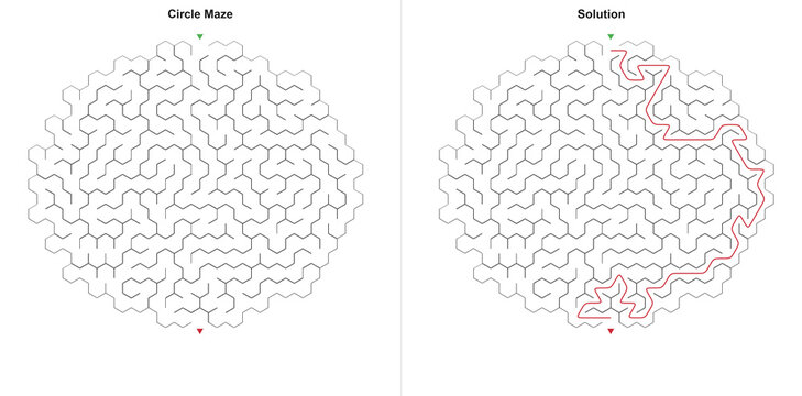Round honeycomb maze and solved path in flat vector style, monochrome and bright red colors, entertaining brain teaser for elementary school workbook