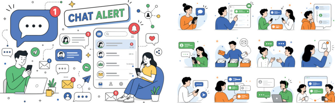 Chat Notification Alert. Chat notification alert banner with speech bubble, new message, comment, communication, contact, email, inbox, social network, send and receive conversation, one wide