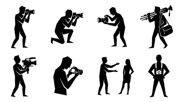 Set of eight professional photographers and videographers in various action poses with their equipment