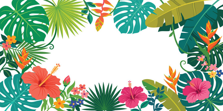 Colorful tropical floral border with monstera leaves and hibiscus flowers, vibrant summer jungle foliage and exotic plants, illustration