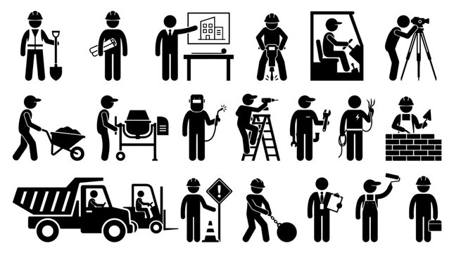 Diverse construction workers and tradesmen at work showing various roles and tasks flat design style