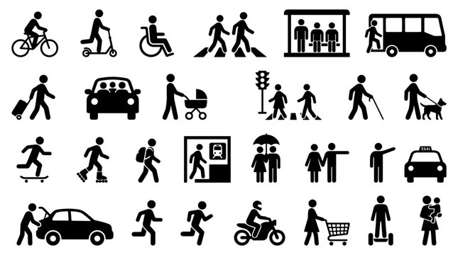 Diverse Icon Set Representing Mobility and Human Actions in Daily Life and Urban Environments