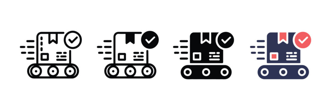 Set of four stylized shipping package conveyor belt icons featuring checkmark symbols for efficient logistics and order fulfillment tracking systems concept designs