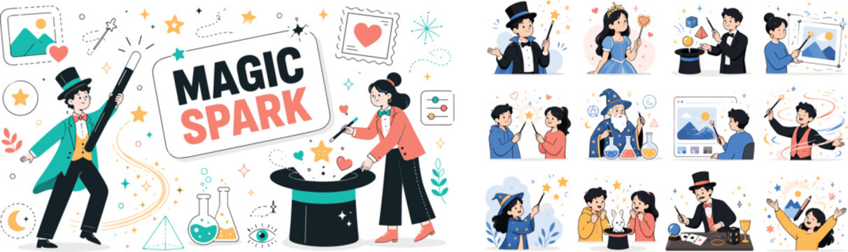 Magic Wand Miracles. Banner scene of playful sorcery and creative editing with two geometric illusionists using an oversized magic wand and a giant top hat, stars, hearts, spark swirls, filter frames,