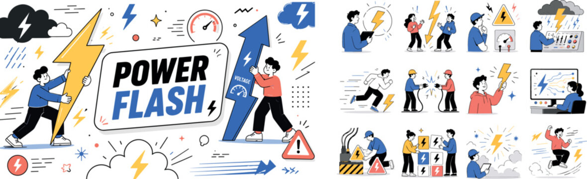 Lightning Energy Bolts. Banner scene of electric power and fast storm energy with two geometric characters managing an oversized lightning bolt and a giant voltage arrow, thundercloud marks, warning