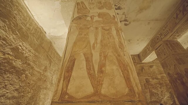 4k footage of Interior view of the famous abu simble temple that is decorated with gods figures and hieroglyphs in aswan in Egypt. 