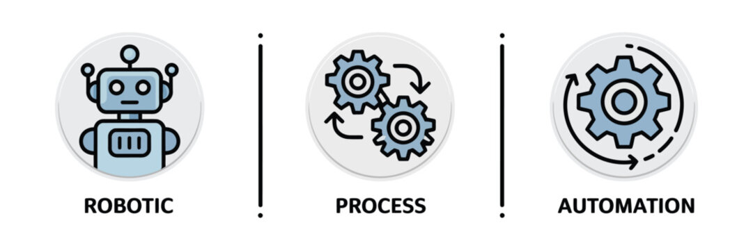 Set of three modern robotic process automation icons featuring a friendly robot and mechanical gears in blue tones on a minimalist white background concept
