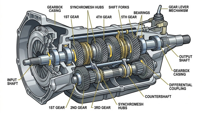 Detailed Diagram of a Manual Transmission Gearbox Mechanism.