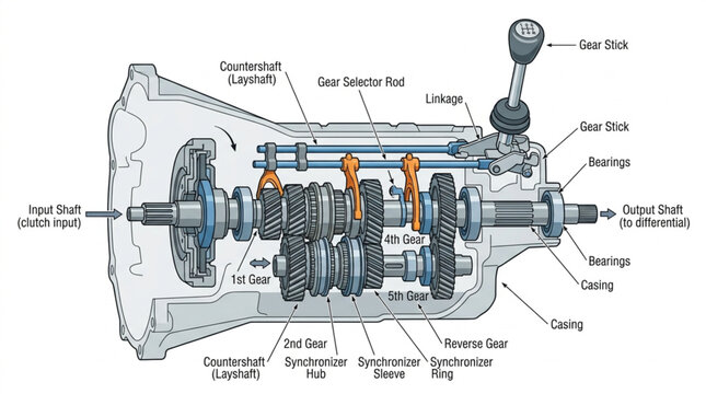 Detailed illustration of an automotive transmission system with labels.